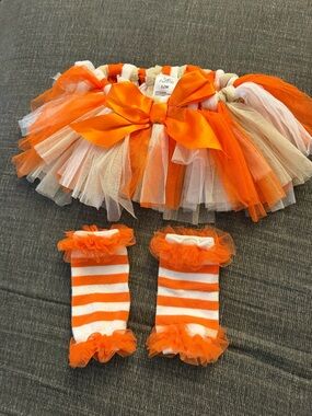 Baby Essentials Orange and White Tulle Tutu Skirt with Bow and Leg Warmers